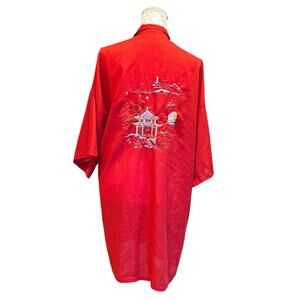 Vintage Red Embroidered Kimono Robe Womens Sz Medium Open Front Embroidered